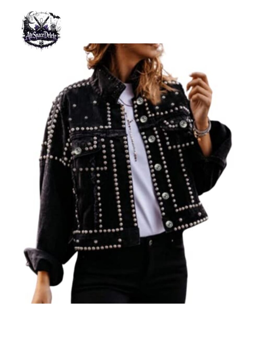 Studded Denim Jacket Frayed Cropped Western Trucker Jean Coat Pearl Beaded